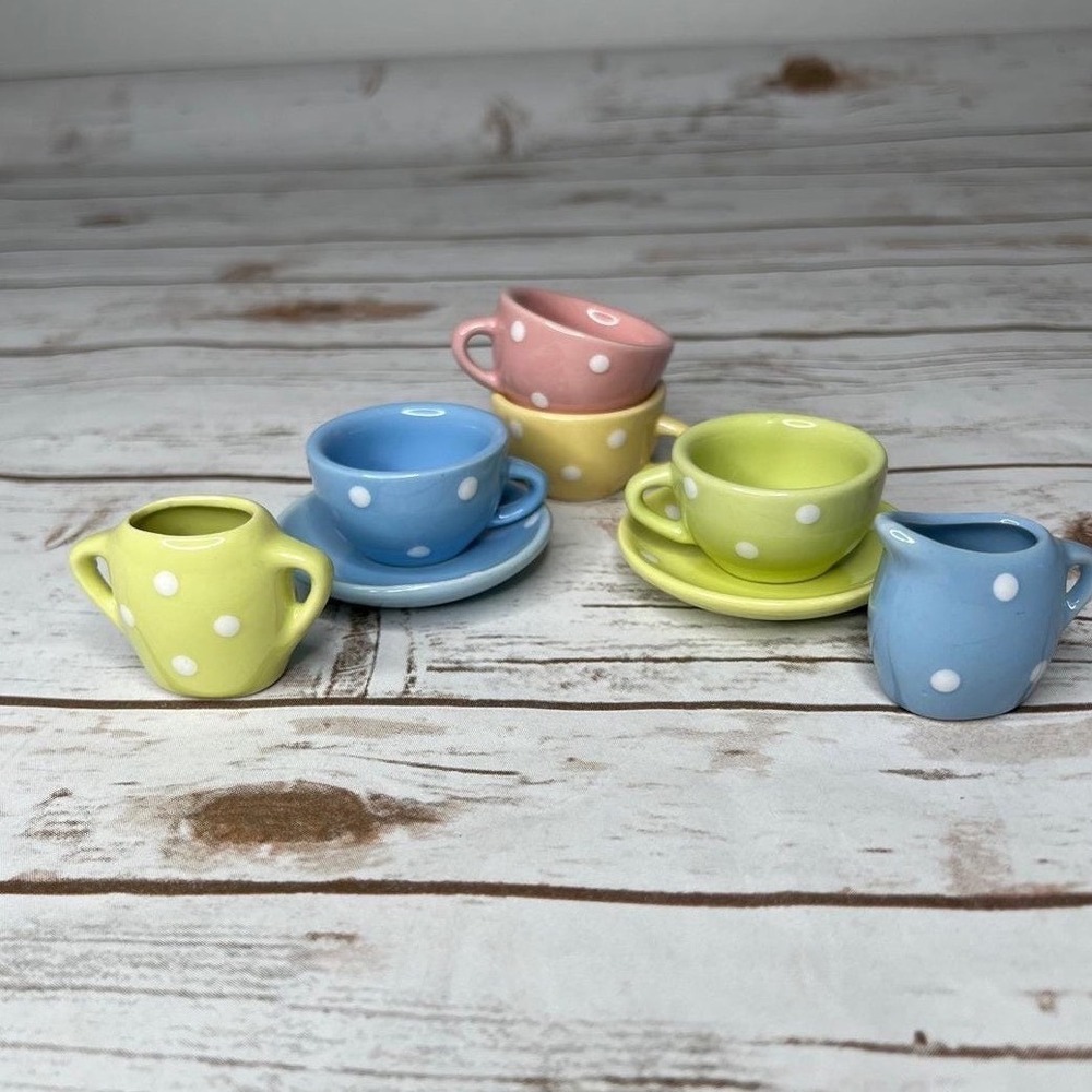 Miniature Tea Set Kids Pastel Polka Dot Ceramic 8pc